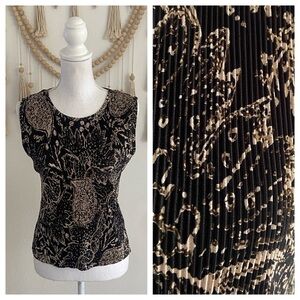 Vintage Plissé black satin pleated sleeveless tank top cream pattern medium
